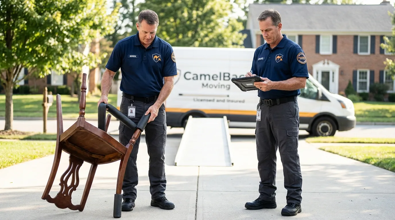 Movers inspecting furniture for damage prevention before loading in Mount Jackson, VA